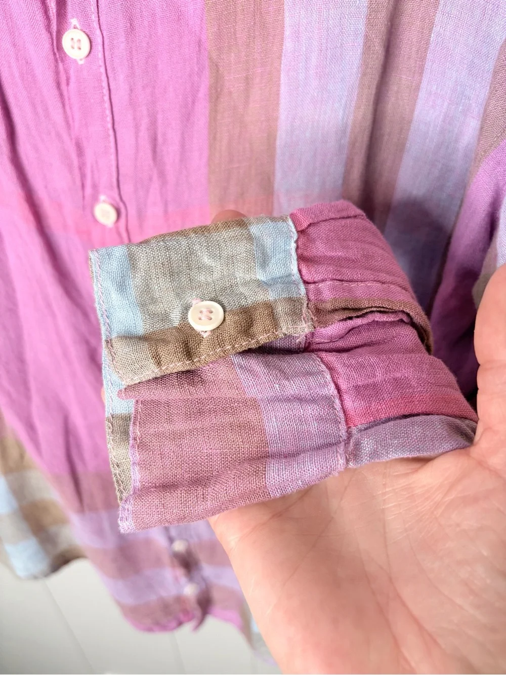 CP Shades 100% Linen Plaid Madras Button Down Shirt Fuschia Tan Women’s Large - Picture 6 of 8